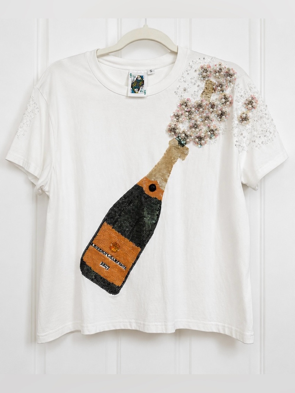 Queen of Sparkles Champagne Bottle Tee Small Pearl Sequin Rhinestone White Top - Picture 2 of 5